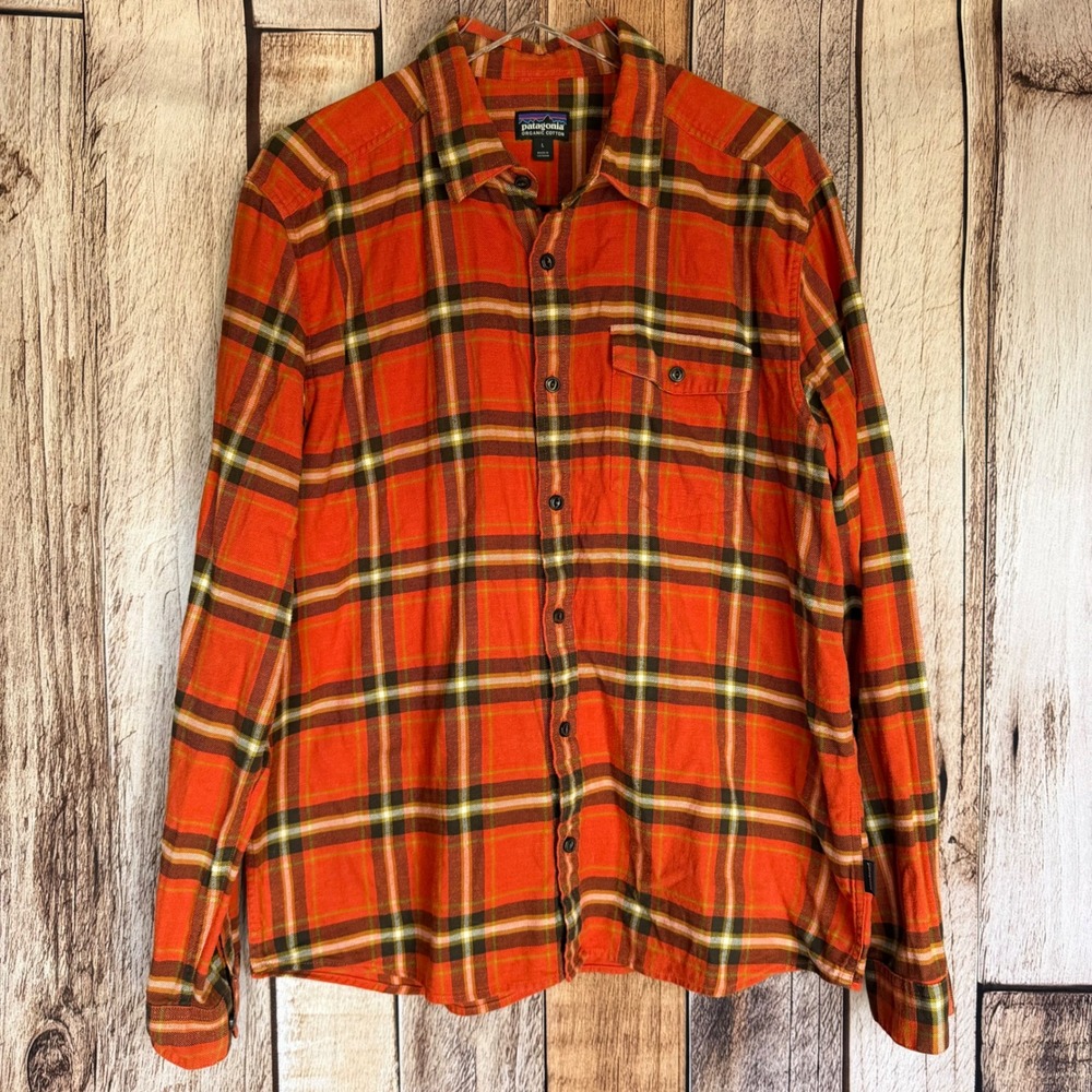 Patagonia Shirt Organic Cotton Plaid‎ Flannel Cabin Core Outdoor Orange Large